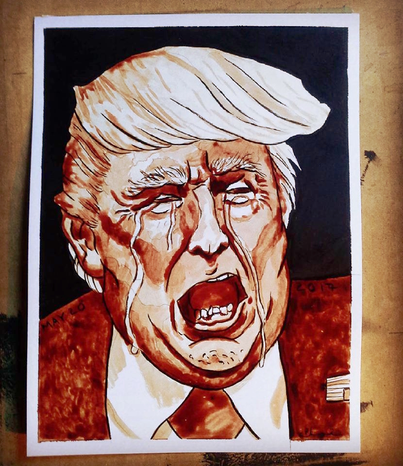 Trump Crying, a portrait in ink and menstrual blood